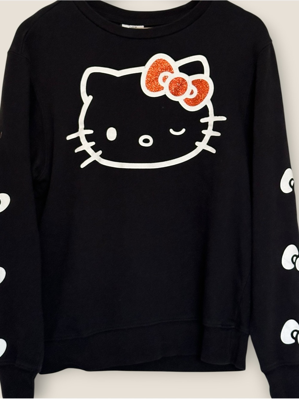 Hello Kitty Black Crewneck Sweatshirt with Orange Glitter Bow Female XS